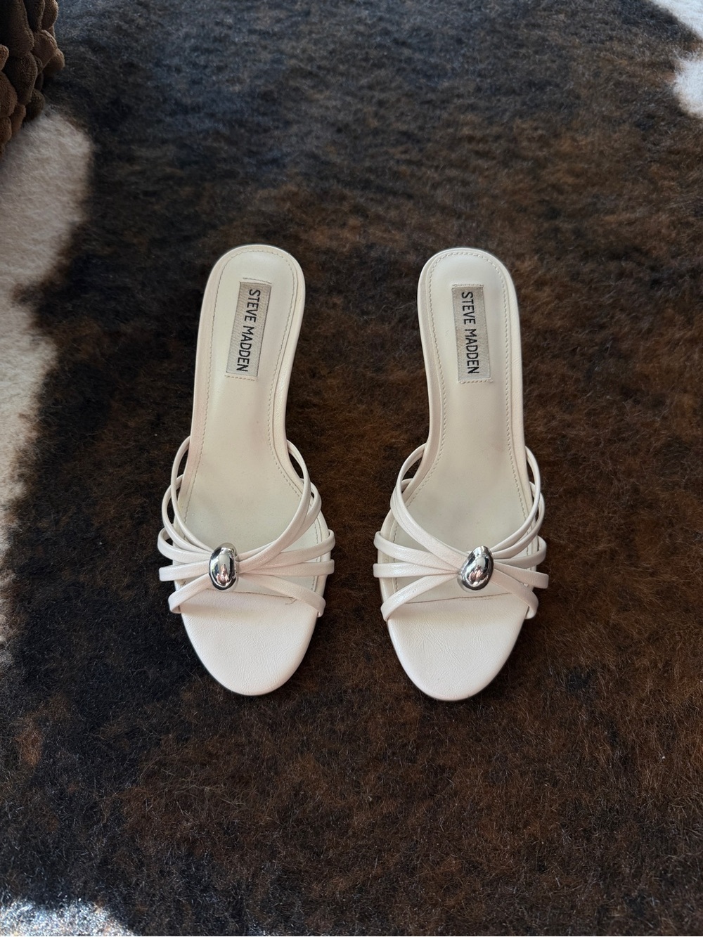 Steve Madden Ivory Strappy Slide Mules with Silver Accent